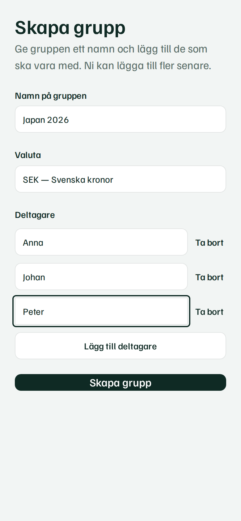 Formuläret för att skapa en grupp, med namn, valuta och deltagare ifyllda