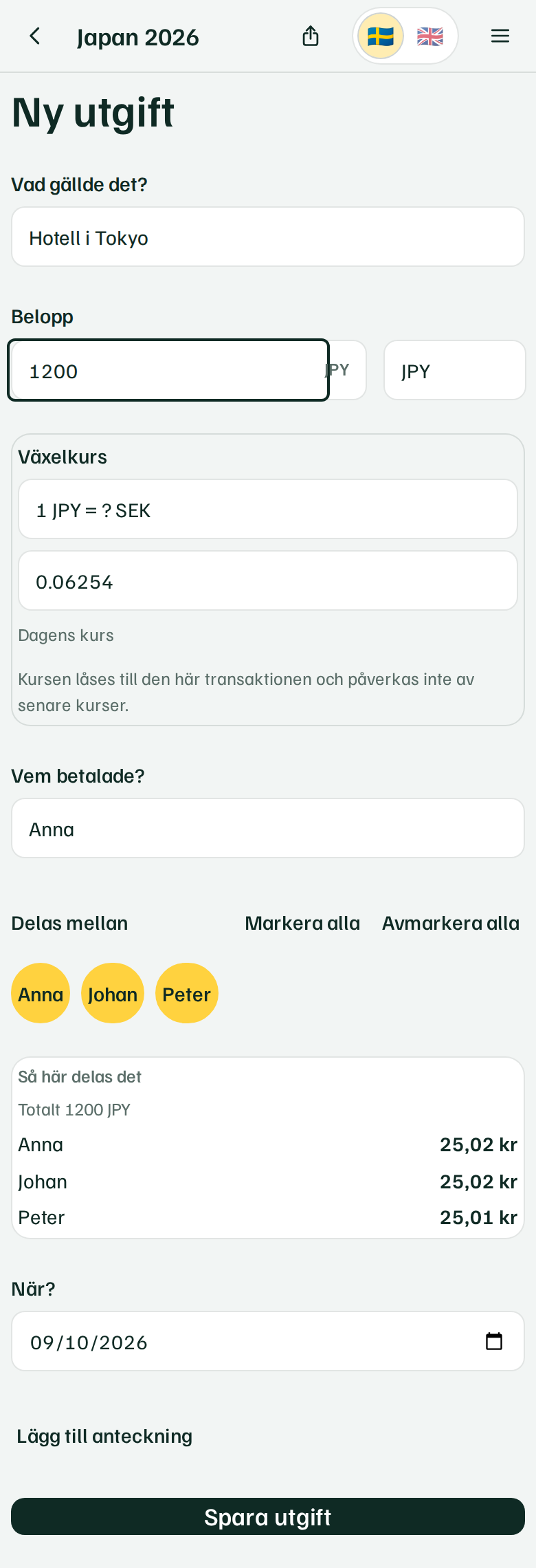 Formuläret för en ny utgift, med belopp, betalare och fördelning mellan deltagare