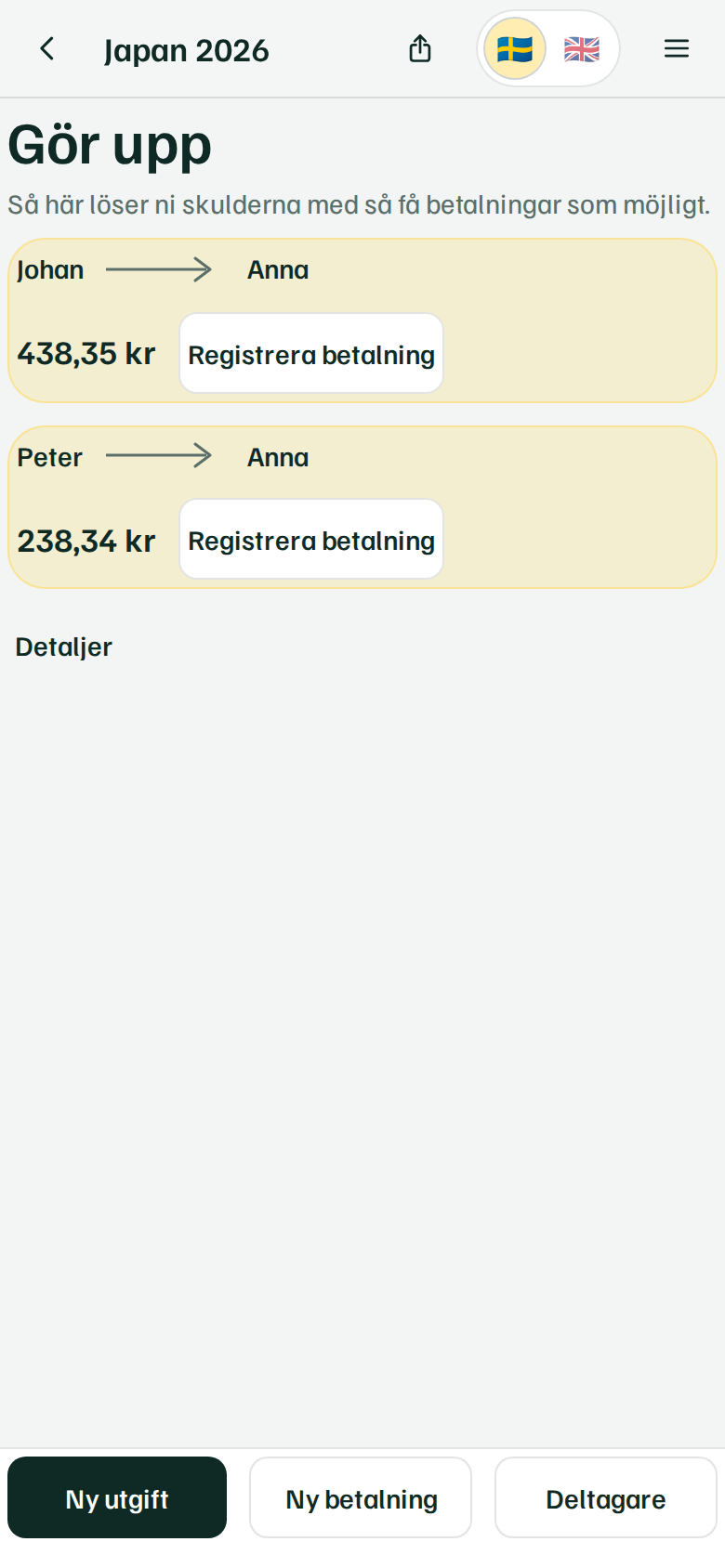 Gör-upp-sidan med förslag på vem som ska betala vem och hur mycket