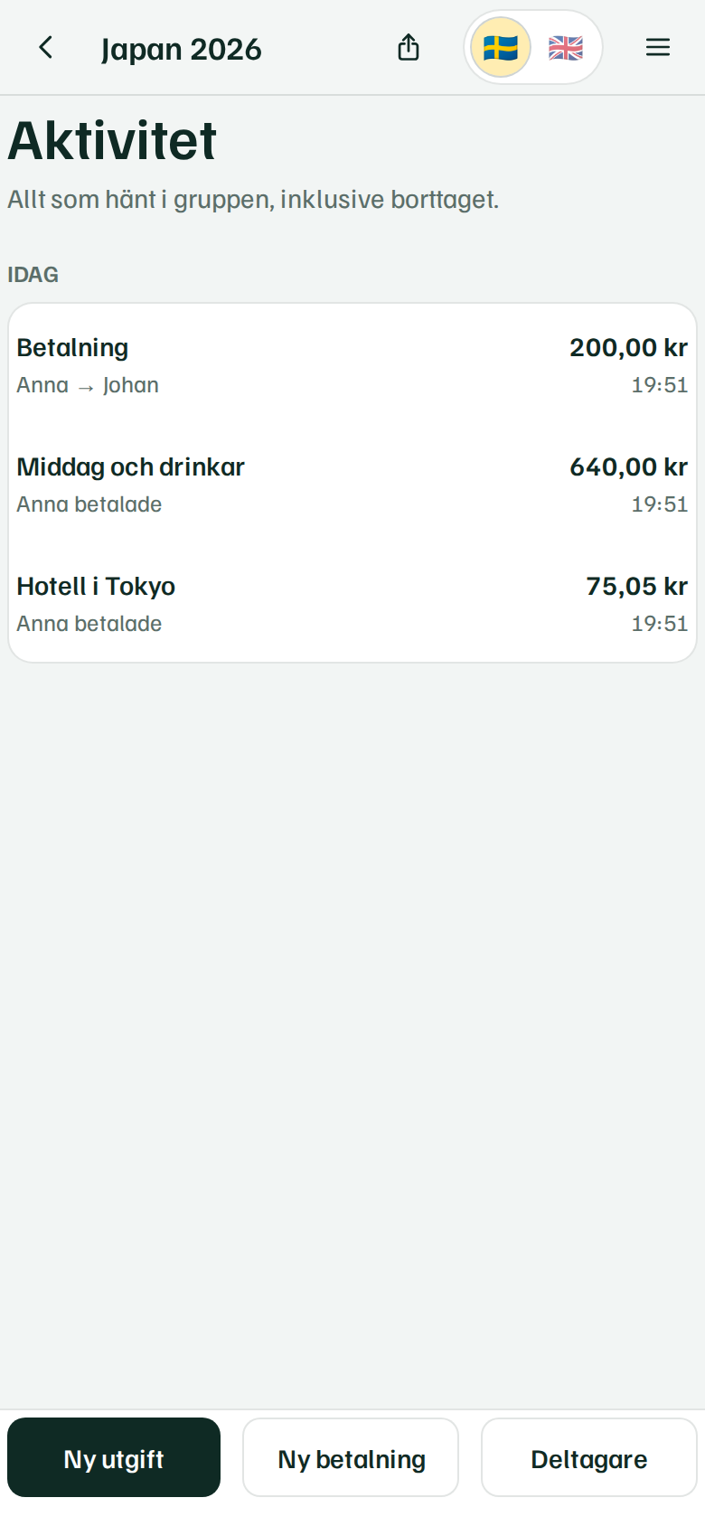Aktivitetsflödet som listar utgifter och betalningar i tidsordning