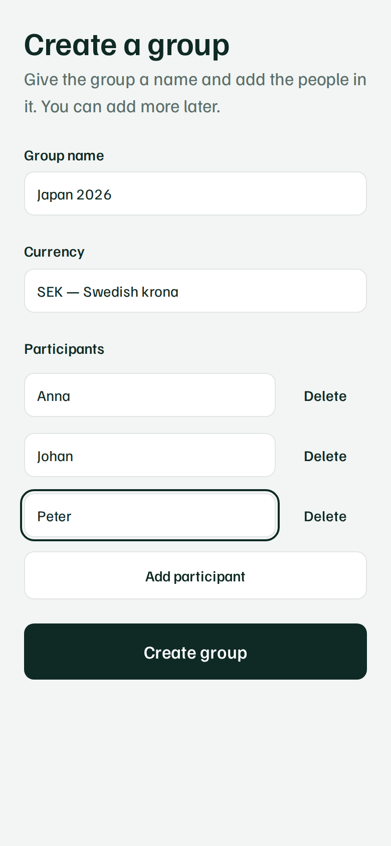 The create-a-group form, filled in with a name, currency, and participants