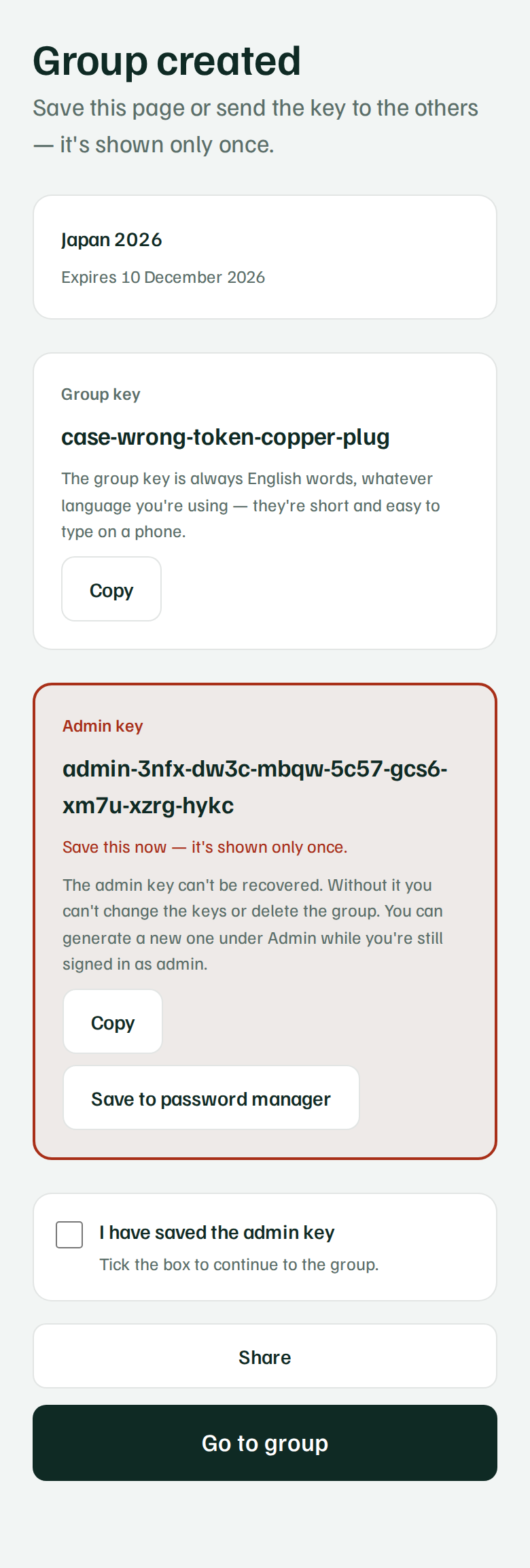 The page showing the group key and admin key right after the group is created