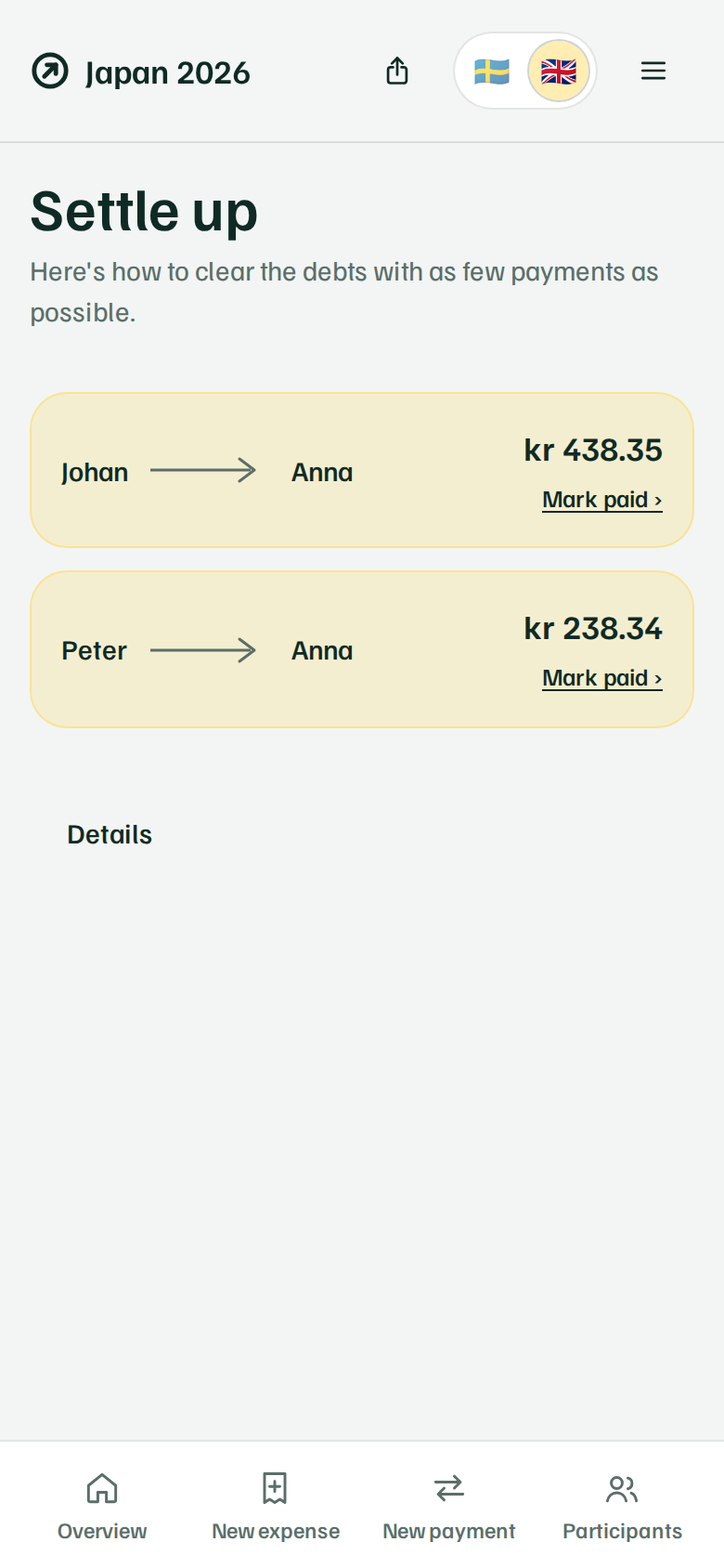 The settle-up page with suggestions for who should pay whom and how much