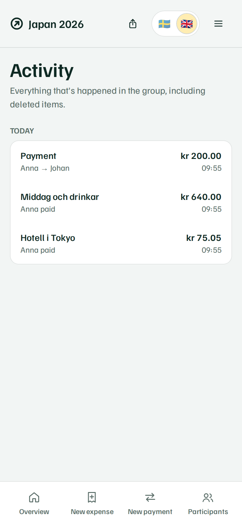 The activity feed listing expenses and payments in chronological order